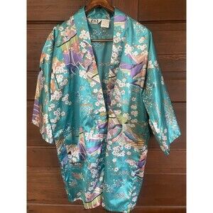 VTG Juguemm Japanese Kimono Teal Floral Lady Robe 35" Japan Art OS Metal Closure